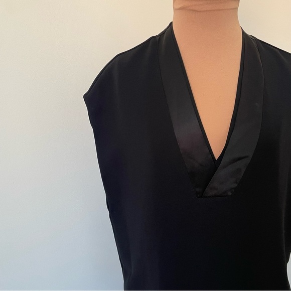 Vince Crepe Satin Trim Black Sleeveless High Low Shift Dress V3108-50564 EUC XS - Picture 6 of 11
